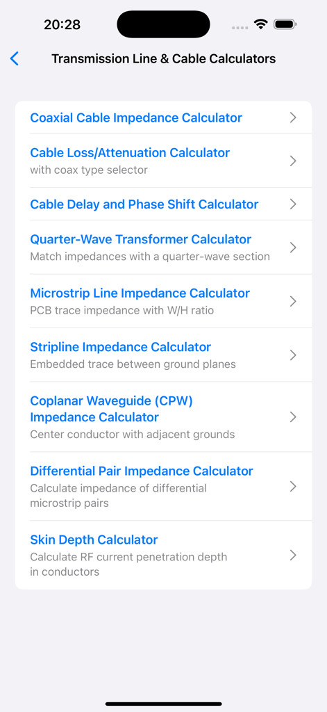 RF & Ham Radio Toolkit - A list of transmission line and cable calculators within the RF and Ham Radio Toolkit app menu.