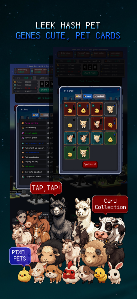 Leek Inc. - A screen from Leek Inc showing a collection of pixel art hash pets and pet cards.