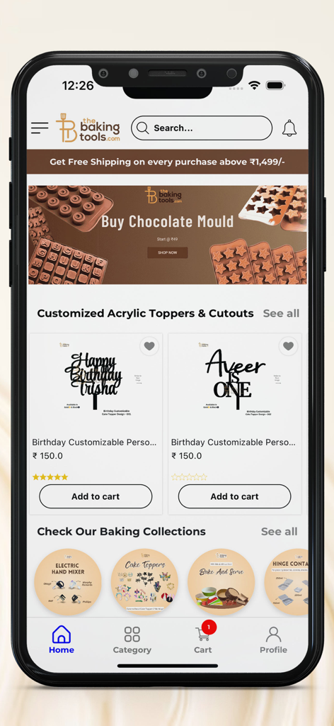 The Baking Tools - Home screen of The Baking Tools mobile app featuring chocolate moulds and personalized cake toppers