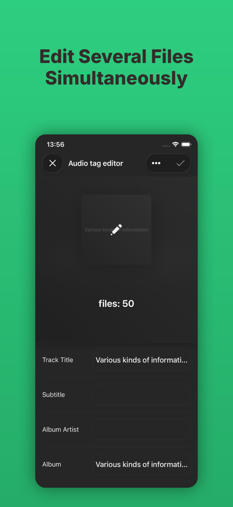 Evertag: Music Tag Editor - Evertag app interface showing the batch edit mode to update metadata for fifty music files simultaneously