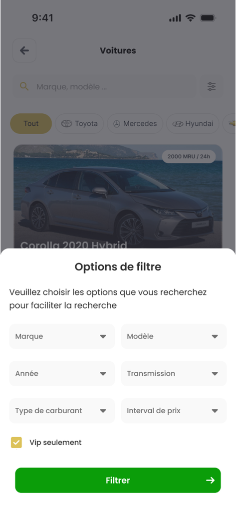 Limo cars - 브랜드, 모델, 가격대 등 리모카 렌탈 앱의 검색 필터를 보여주는 모바일 화면