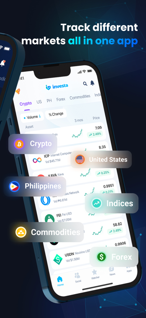 Pantalla de la aplicación móvil Investa que muestra datos del mercado global en tiempo real para cripto, acciones y forex