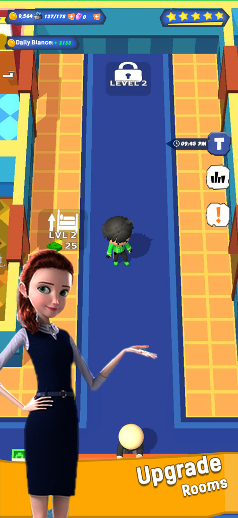 Hotel Dash Idle Tycoon Games - Un directeur d'hôtel présentant les options de mise à niveau des chambres dans le couloir du jeu Hotel Dash Idle Tycoon