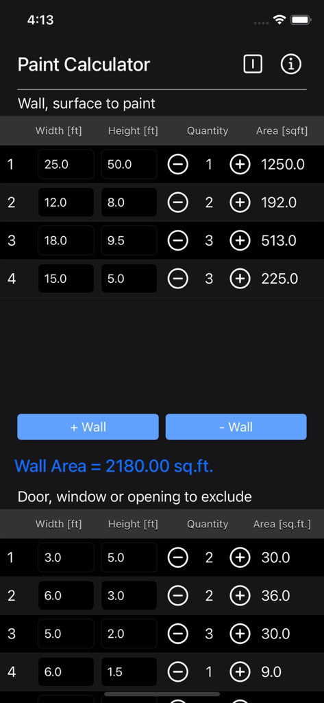 Interface of the Paint Calculator Plus app showing wall dimensions and excluded openings.