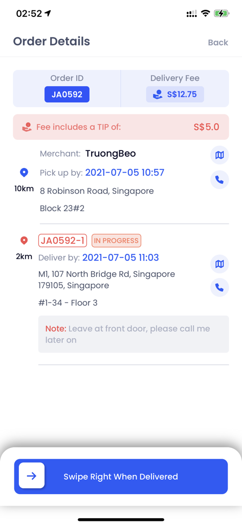 MilkRun app order details screen showing delivery fees and locations