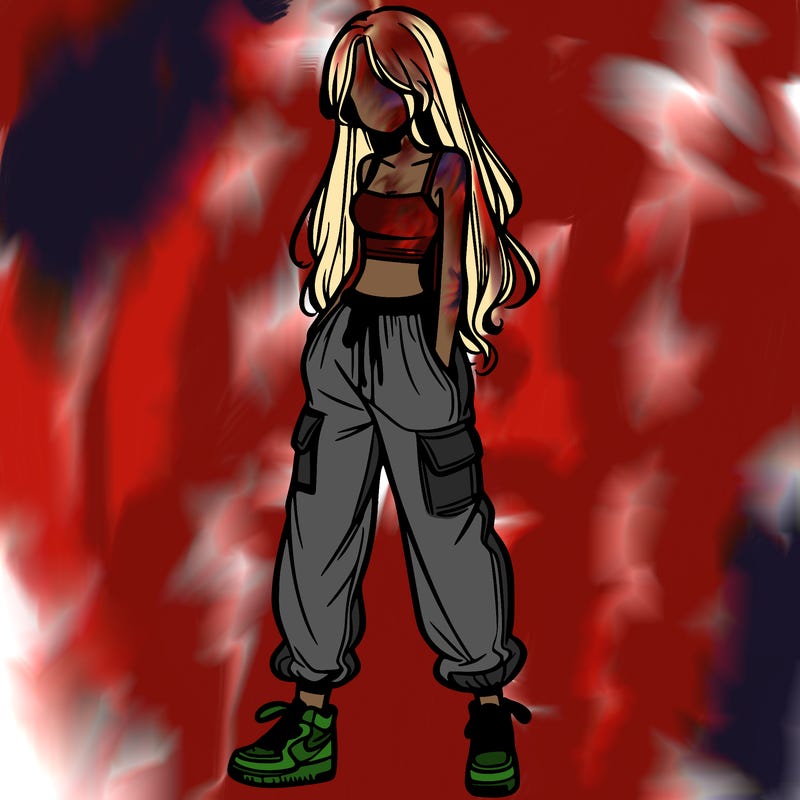 girl in baggy pants crop top and long hair