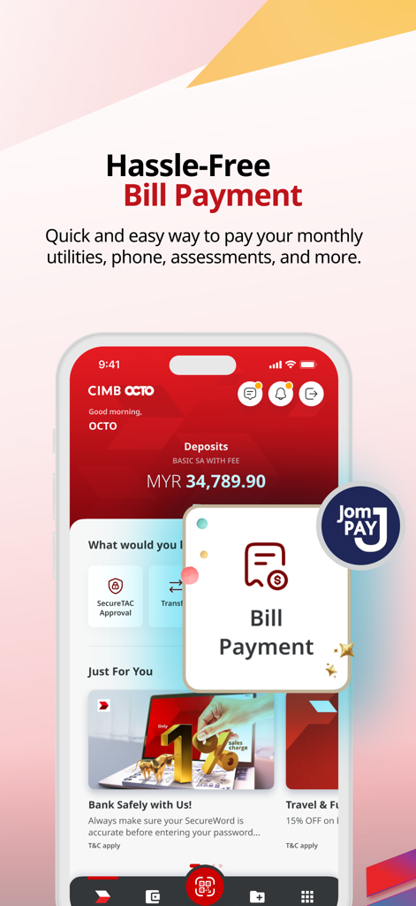 A mobile phone screen displaying the CIMB OCTO MY app interface for hassle-free bill payments with JomPAY.