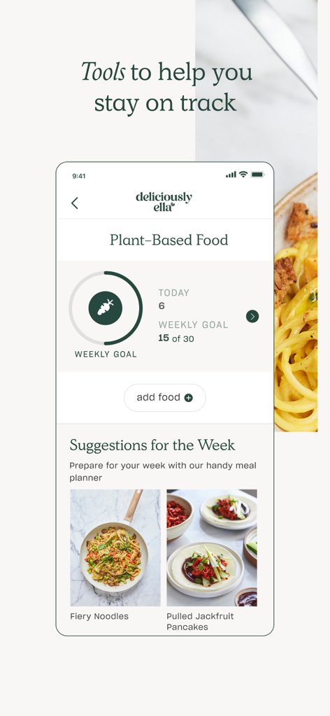 Deliciously Ella app screen displaying a plant based food goal tracker and weekly recipe suggestions