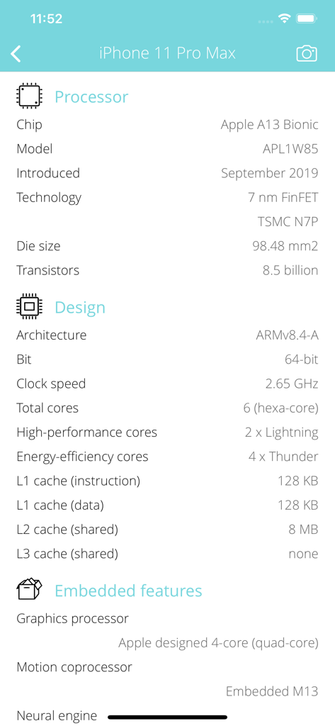 Especificaciones técnicas de hardware y procesador para un iPhone 11 Pro Max.