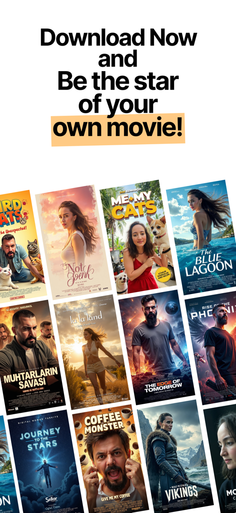 Posterize AI Movie Posters - Eine Collage verschiedener KI-generierter Filmposter mit unterschiedlichen Genres und Personen als Hauptdarsteller