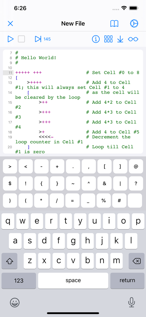 Interfaz del editor de código del IDE de Brainfuck para móvil que muestra un script de Hola Mundo con un teclado de programación especializado