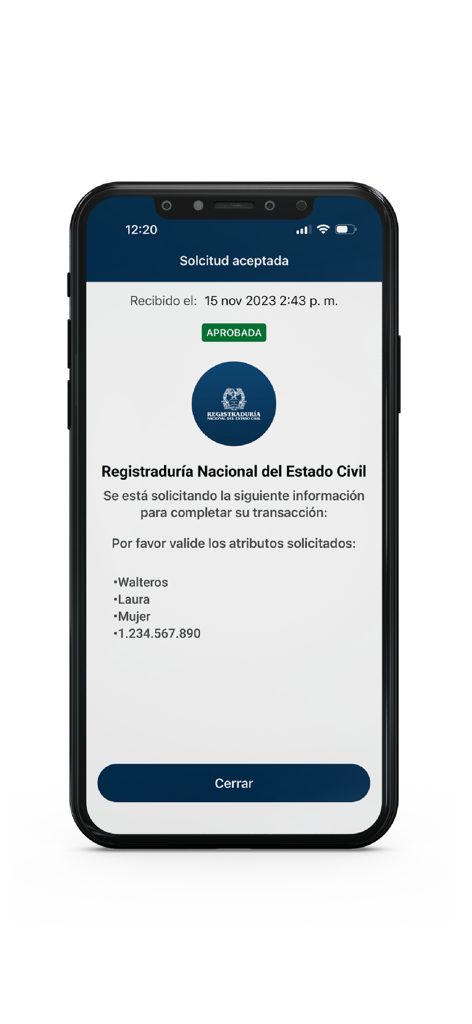 Cedula Digital Colombia - Cedula Digital Colombiaモバイルアプリケーションの承認済み身元確認リクエスト画面。