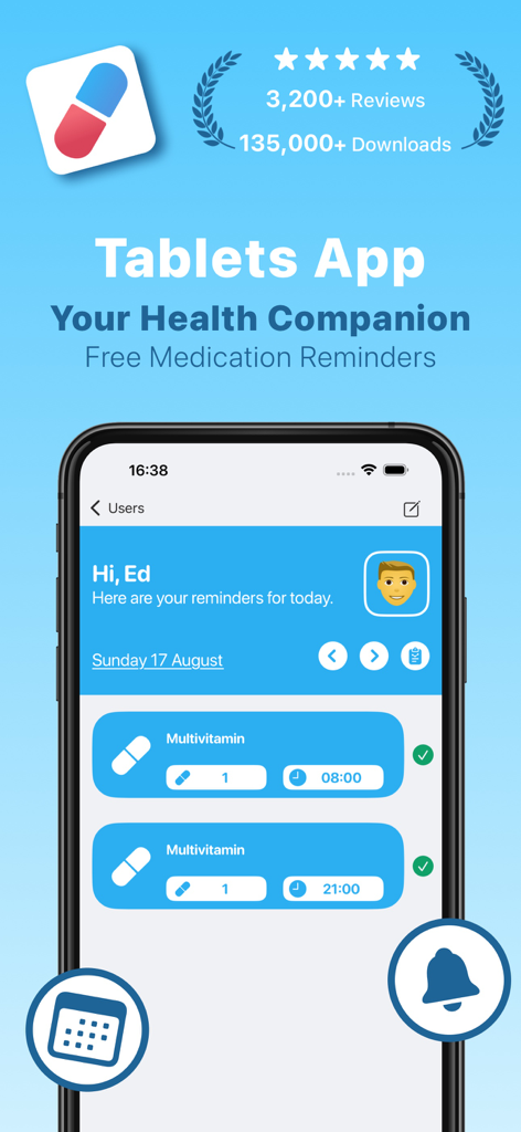 Painel de cronograma de medicação no Tablets App mostrando lembretes diários de comprimidos