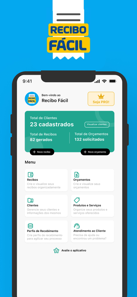 Recibo Facilアプリのダッシュボードに顧客合計と請求書統計が表示されています