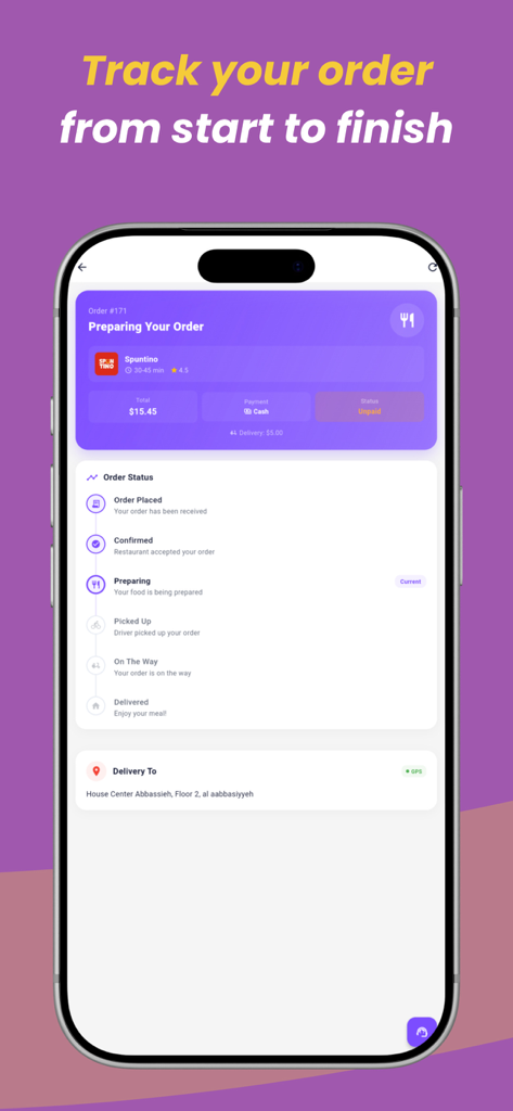Tela de smartphone do aplicativo Quicky-Services mostrando o status de rastreamento de entrega em tempo real de um restaurante no Líbano
