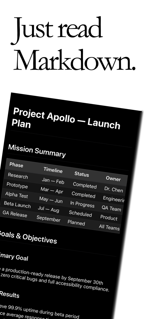 A clean dark mode interface of the Mdly app showing a Markdown project launch plan with a table