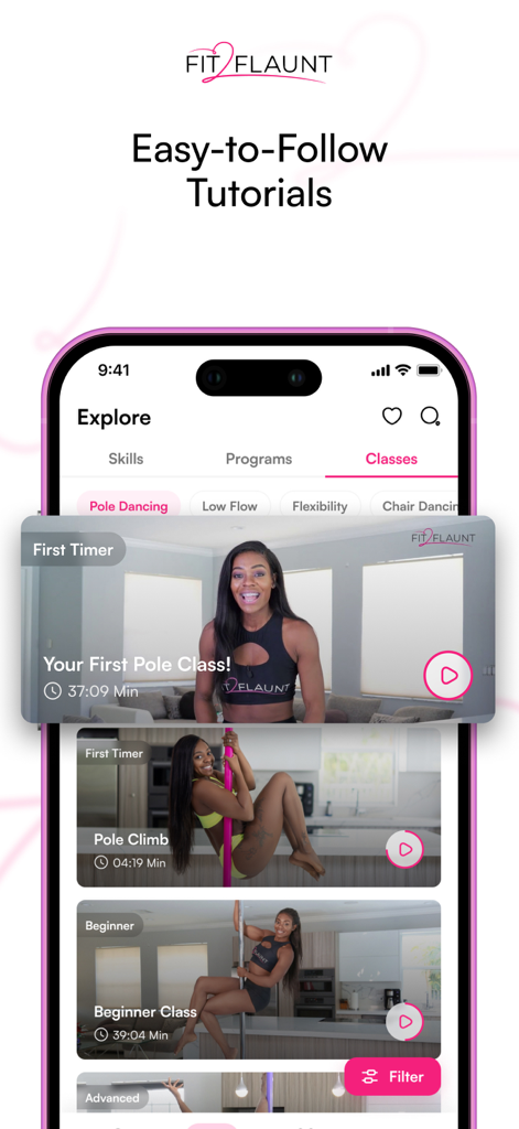Fit-2-Flaunt - Fit-2-Flaunt mobile app displaying a list of easy to follow pole dancing video tutorials for beginners and first timers