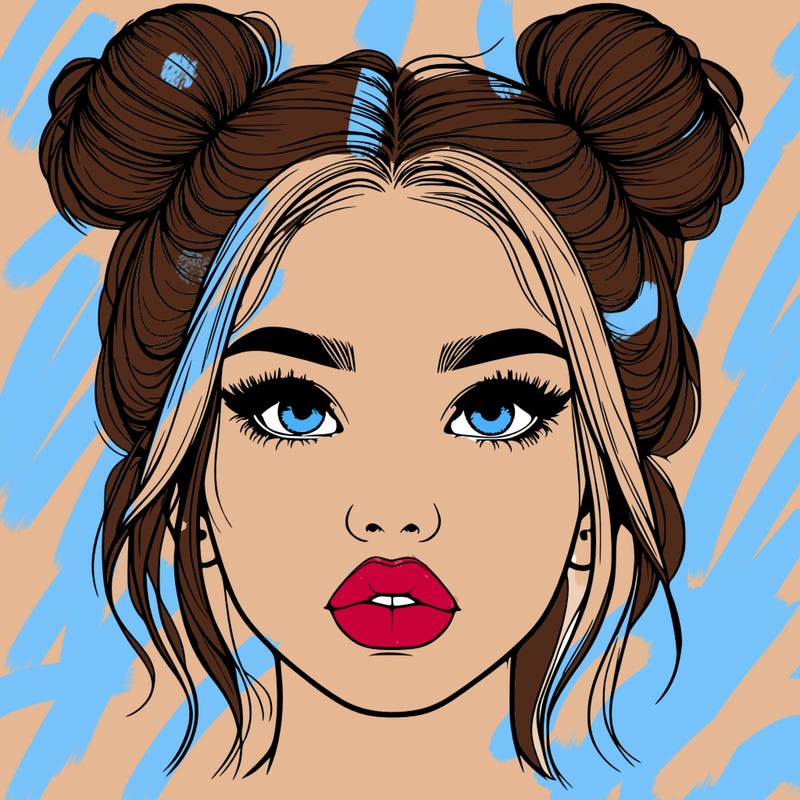 realistic girl with two buns on her hair and lips