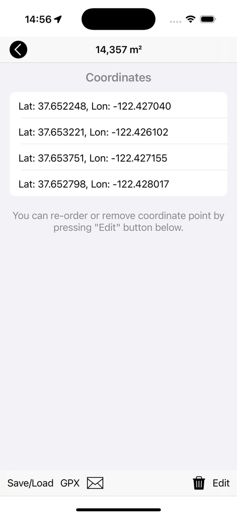 List of latitude and longitude coordinates with calculated total area