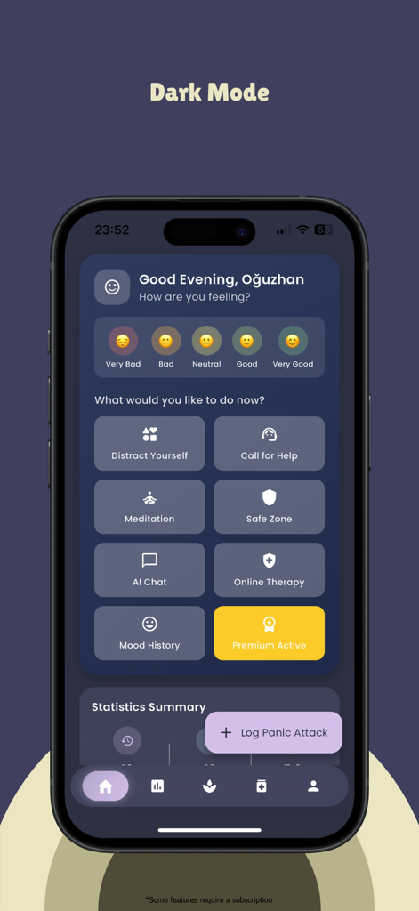 Pantalla de inicio de la aplicación Soolo con selección de estado de ánimo y funciones de apoyo a la salud mental en modo oscuro.