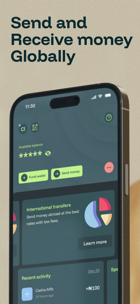 Casha: Mobile Banking - Casha mobile banking interface for sending and receiving money globally