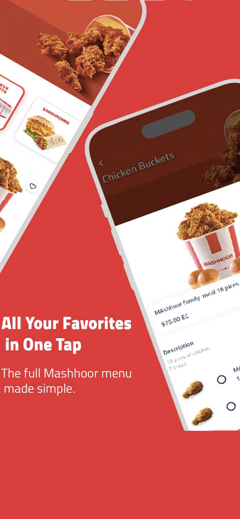 Mashhoor Egypt - Mashhoor Egypt mobile app interface showing a fried chicken menu and family meal deal