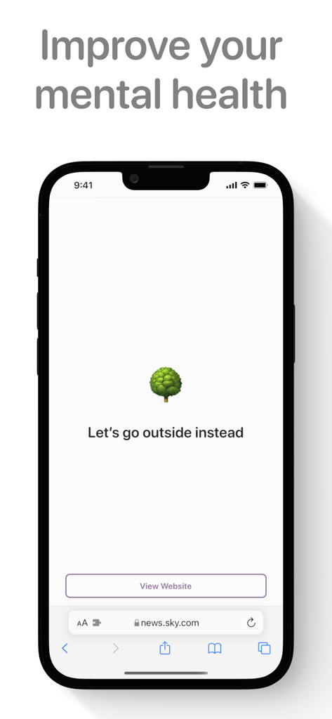 A smartphone screen showing a Browser Note reminder on a news website that says Let's go outside instead to improve mental health.