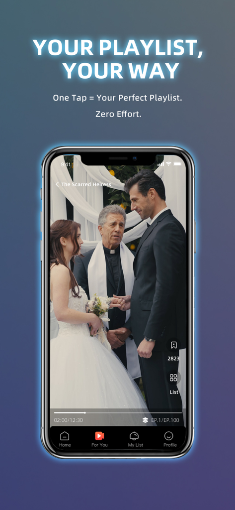 Saros TV - Shorts & Reels - Un smartphone montrant une scène de mariage d'un drame intitulé La Héritière Cicatrisée avec le texte Votre Playlist Votre Façon.