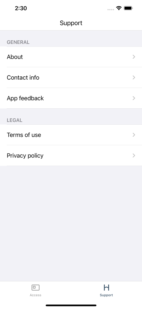 Marina One Office - Support and legal settings screen of the Marina One Office mobile application.