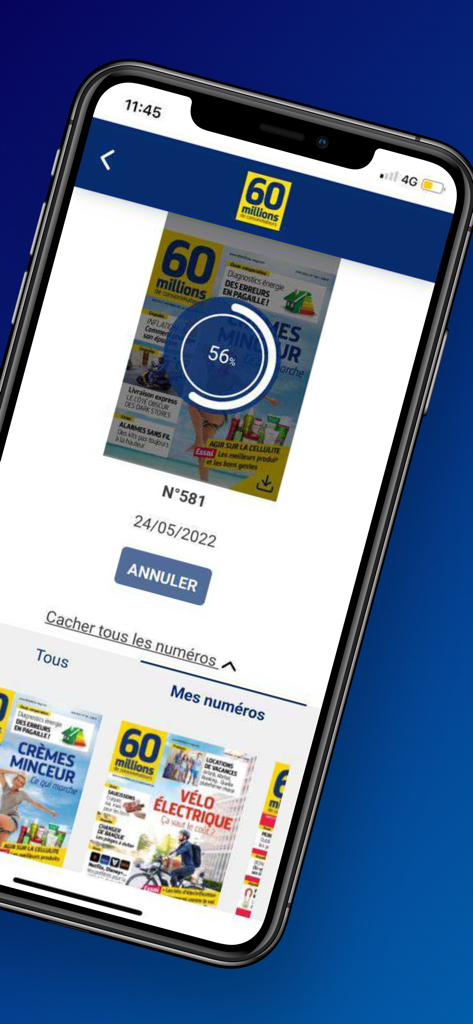 60 Millions - Interface of the 60 Millions app displaying a digital magazine download in progress.