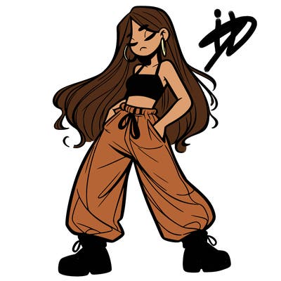girl in baggy pants crop top and long hair