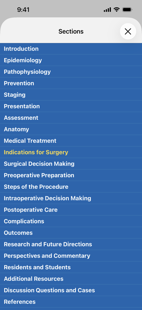 A menu list of clinical modules and surgical procedure sections in the APSA Pediatric Surgery Library app.