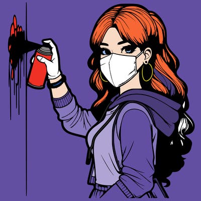 realistic girl with mask spray painting a wall