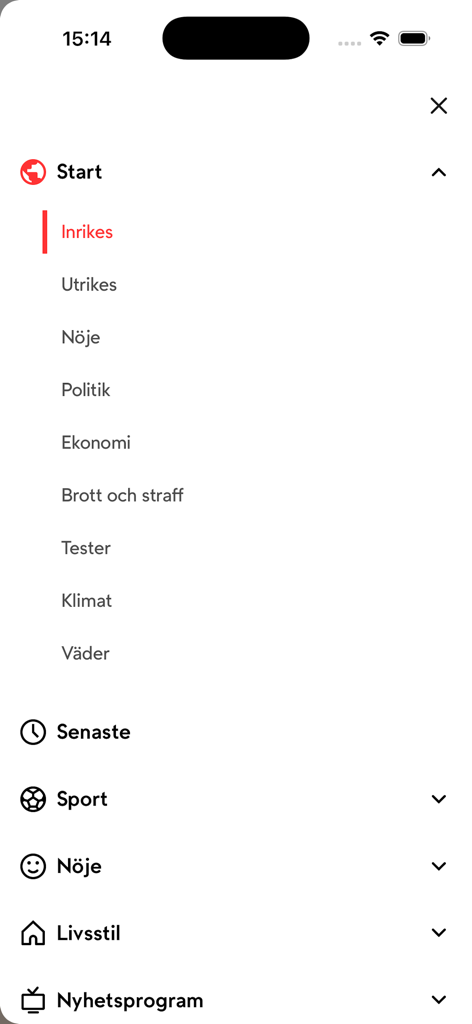 TV4 Nyheterna - Il menu di navigazione dell'app TV4 Nyheterna che mostra categorie di notizie come politica interna, internazionale ed economia.