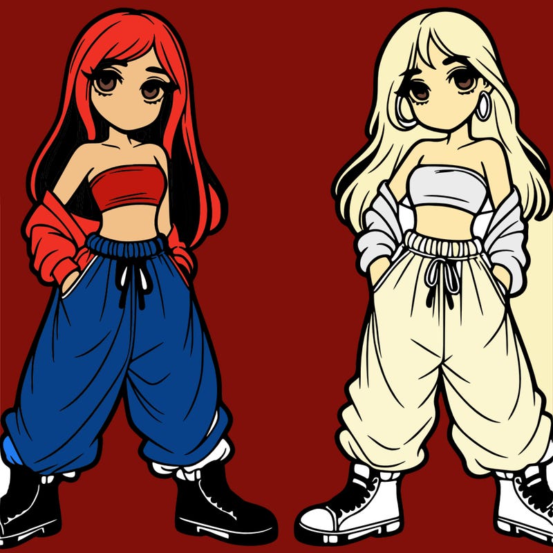 two girls in baggy pants with crop tops