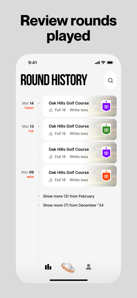 AI Caddy mobile app screenshot showing the Round History screen with a list of played golf rounds at Oak Hills Golf Course including scores and dates