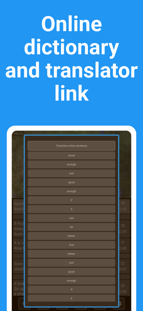 Shadowing Player: Languages - Shadowing Player app interface featuring online dictionary and translator links for individual words and full sentences