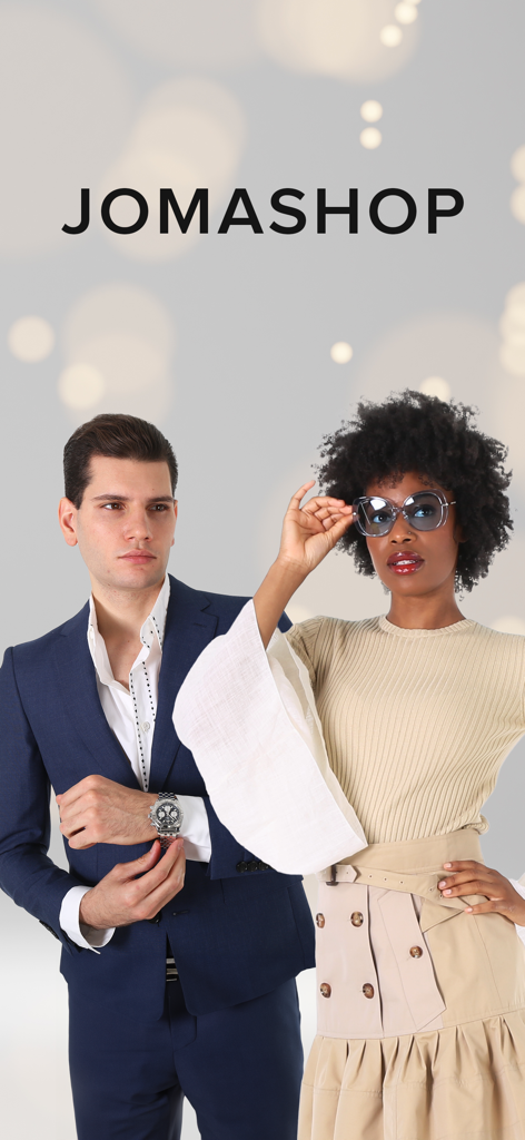 Um homem em um terno azul marinho usando um relógio de luxo e uma mulher usando óculos de sol de grife representando o estilo de vida de luxo de compras de designers da Jomashop