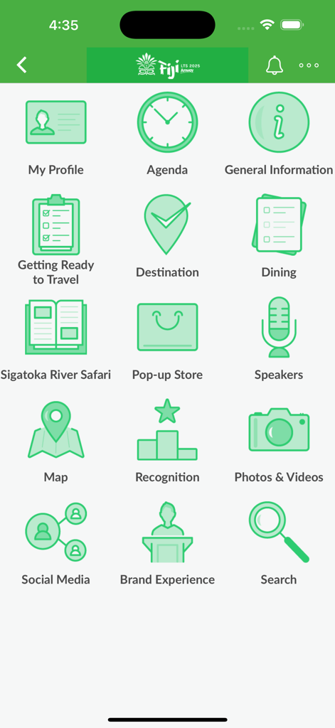 Main dashboard of the Amway Events ESAN app showing navigation icons for the Fiji LTS 2025 event