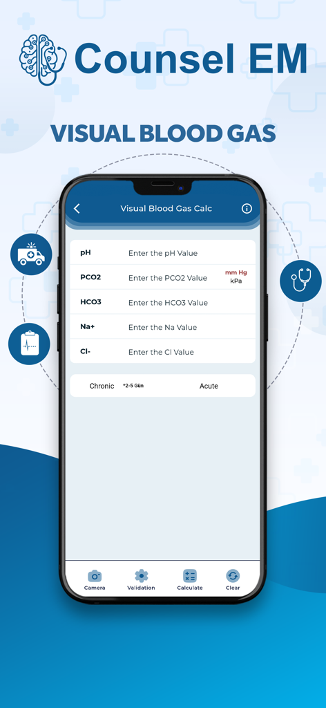 Counsel EM - Interfaz de la aplicación Counsel EM que muestra la calculadora visual de gases en sangre con campos de entrada para valores médicos