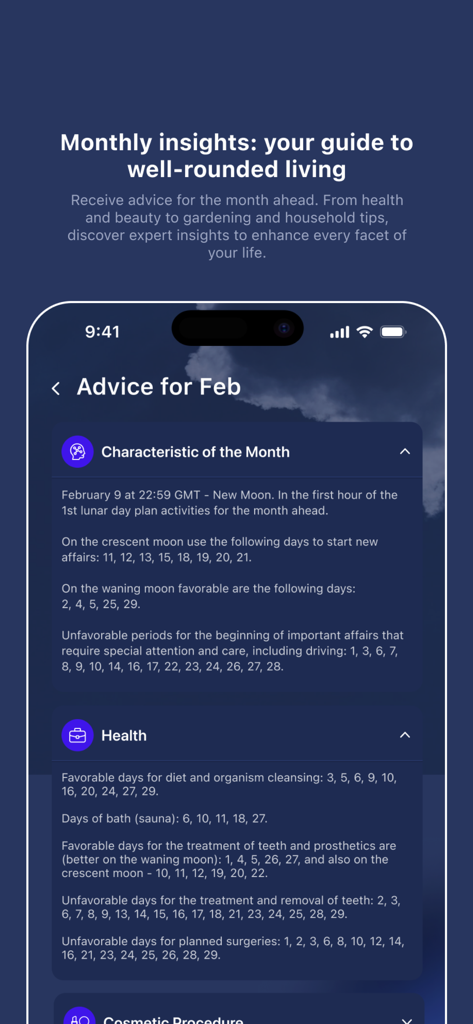 Capture d'écran de l'application Moon Days Calendar montrant les aperçus lunaires mensuels et les conseils de santé pour février.