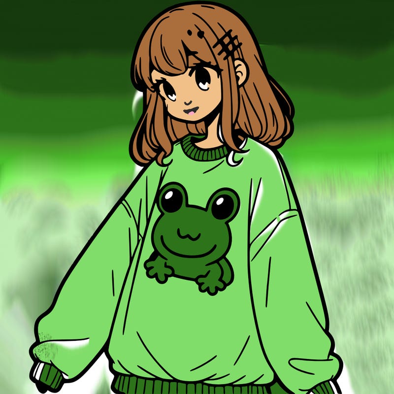 girl wearing frogging sweatshirt