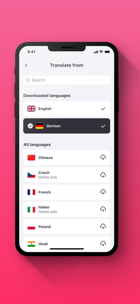 Translator Enence - Language selection interface in the Translator Enence app showing a list of downloadable languages with flags