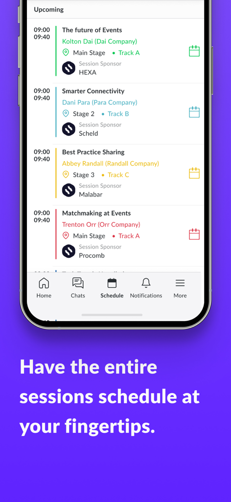 Blockworks Live - The Blockworks Live mobile app interface displaying a detailed list of upcoming professional conference sessions and agendas.