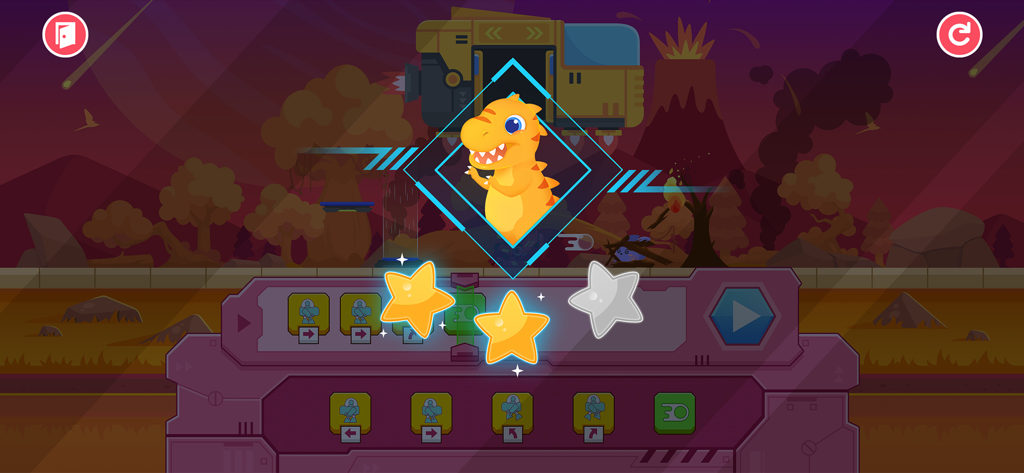 A yellow dinosaur character celebrates level completion with two stars in the Dinosaur Coding Adventure app.