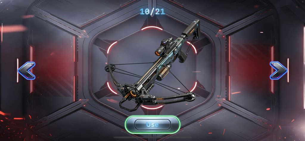 Gun Sound: Watch Weapon Box - Una balestra tattica futuristica visualizzata nel menu di selezione delle armi dell'app Gun Sound.