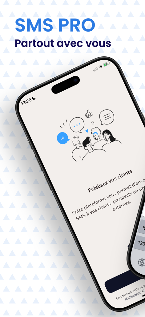 Tela de boas-vindas do aplicativo Mon SMS PRO no iPhone com mensagem de comunicação empresarial