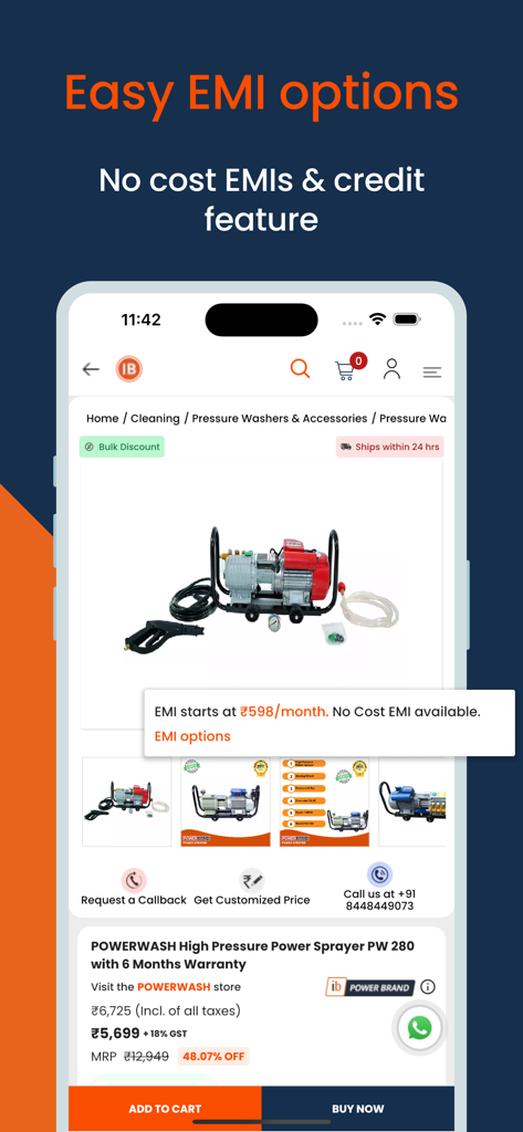 Industrybuying Online Shopping - Pantalla de la aplicación móvil Industrybuying mostrando opciones sencillas de pago a plazos y funciones de crédito para un producto de pulverizador eléctrico industrial.