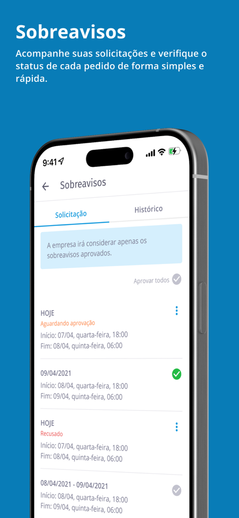 Smartphone exibindo a tela de acompanhamento de tempo de plantão do aplicativo Meu Ahgora com indicadores de status para solicitações pendentes e aprovadas.