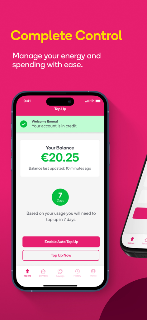 PrepayPower - PrepayPower mobile app interface showing current energy credit balance and top up buttons
